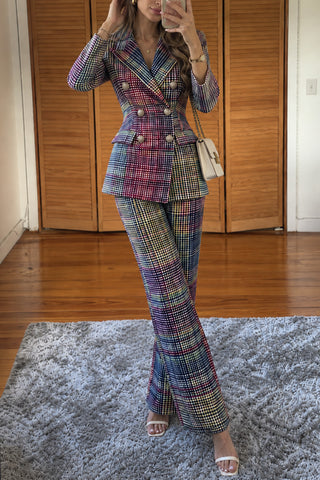 Plaid Double-Breasted Blazer Pants Set