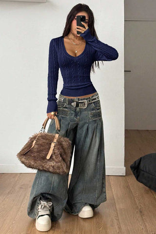Cable Knit V-Neck Long Sleeve Sweater