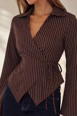 Striped Wrap V-Neck Tie Waist Blouse