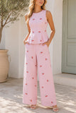 Print Sleeveless Peplum Top and Wide-Leg Pants Set