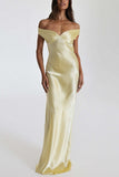 Ruched Off-Shoulder Satin Maxi Evening Dress
