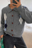 Argyle Knit Collared Button-Front Cardigan