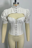 Cutout Puff Sleeve Hook-Front Corset Top