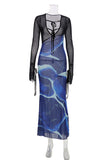 Sheer Sleeve V-Neck Abstract Print Maxi Dress