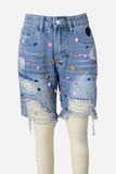 Embellished Distressed Denim Shorts