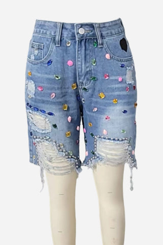 Embellished Distressed Denim Shorts