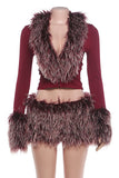 Fuzzy Trim Long Sleeve Crop Top and Mini Skirt Set