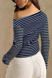 Ribbed One-Shoulder Striped Long Sleeve Top