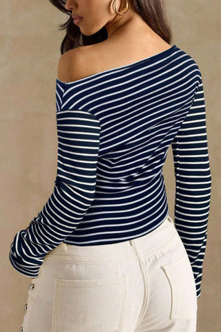 Ribbed One-Shoulder Striped Long Sleeve Top