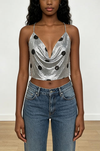 Chain-Link Polka Dot Cowl Crop Top