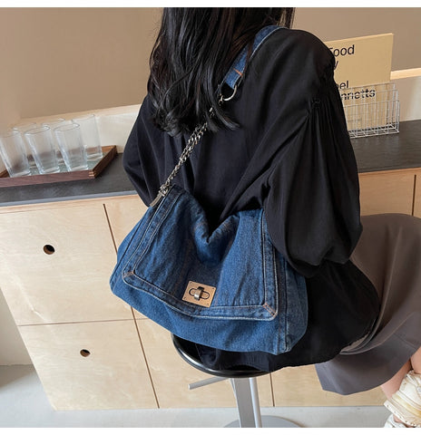 Denim Slouchy Contrast Stitching Chain Bag