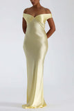 Ruched Off-Shoulder Satin Maxi Evening Dress