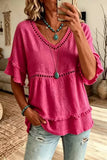 Hollow V-Neck Fringe Flutter Sleeve Top