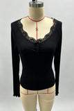 Lace Trim Ribbed Henley Long Sleeve Top