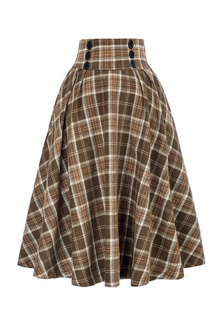 Plaid High-Waist Button Midi Skirt