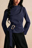 Striped Mock Neck Belted Blouse
