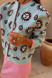 Sun Print Knit Cardigan and Wide-Leg Pants Set