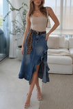 Ruffle Hem Asymmetrical Denim Skirt