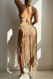Fringe-Hem Halter Vacation Dress