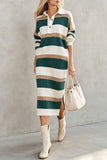 Striped Ribbed Knit Polo Midi Dress