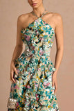 Floral Ruffle Halter Pleated Evening Dress