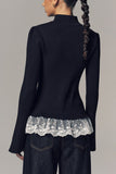 Ribbed Mock Neck Lace Trim Blouse