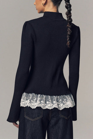 Ribbed Mock Neck Lace Trim Blouse