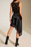 Satin Asymmetrical Lace Trim Midi Skirt