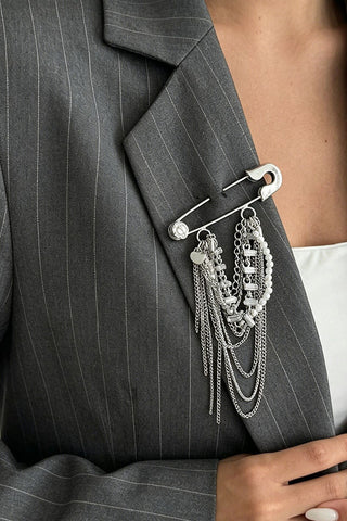Layered Chain Tassel Safety Pin Brooch