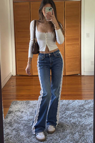 Lace Side Panel Wide Leg Jeans
