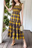 Plaid Ruffle Square Neck Midi Dress