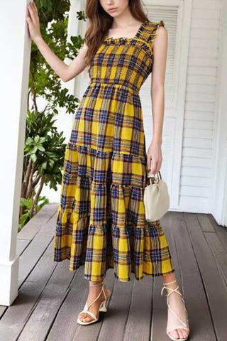 Plaid Ruffle Square Neck Midi Dress