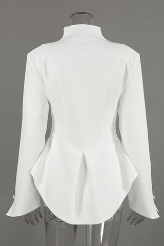 Stand-Collar Peplum Button-Front Blazer