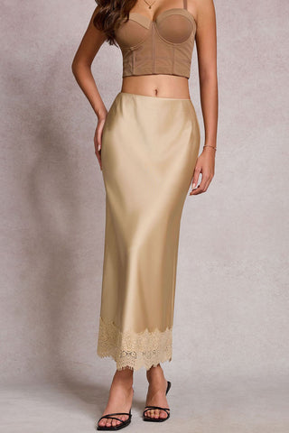 Lace Hem Satin Slip Midi Skirt