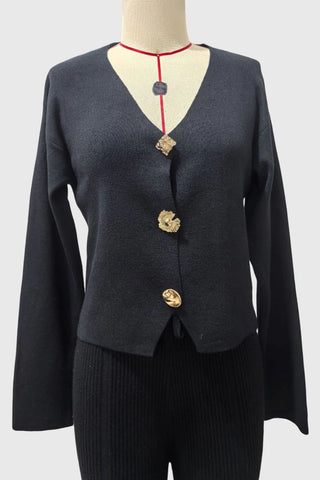 V-Neck Metallic Button Long Sleeve Cardigan