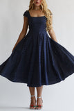 Polka Dot Square Neck Cap Sleeve Midi Dress