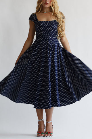 Polka Dot Square Neck Cap Sleeve Midi Dress