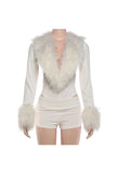 Fuzzy Trim Cutout Long Sleeve Short Set