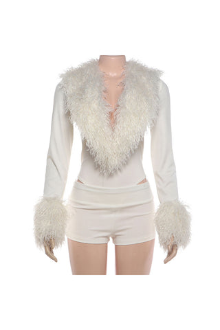 Fuzzy Trim Cutout Long Sleeve Short Set