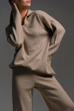 Knit Collared Top and Wide-Leg Pants Set