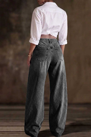 High-Waist Button Detail Barrel Jeans
