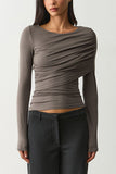 Ruched Boat Neck Long Sleeve Crop Top