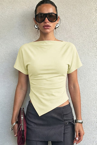 Ruched Asymmetrical Hem Short Sleeve Top