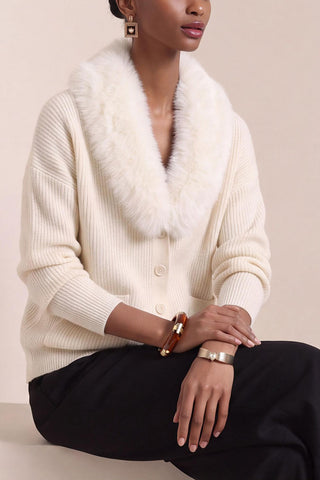 Faux Fur Collar Button-Front Knit Cardigan