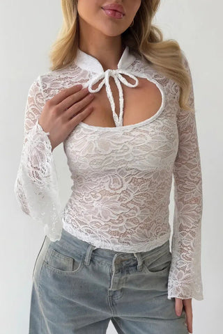 Lace Bell Sleeve Tie Neck Cutout Blouse
