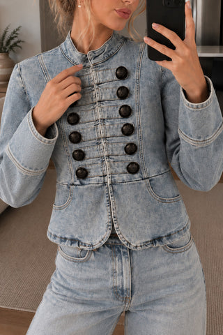 Double-Breasted Mock Neck Cropped Jacket