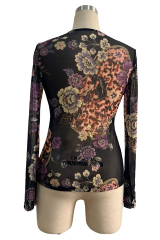 Sheer Floral Print Button-Front Blouse