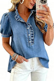 Ruffle Collar Puff Sleeve Button-Front Shirt