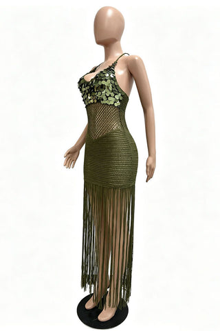 Sequin Halter Fringe Bodycon Vacation Dress