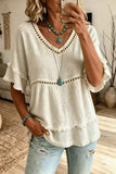Hollow V-Neck Fringe Flutter Sleeve Top